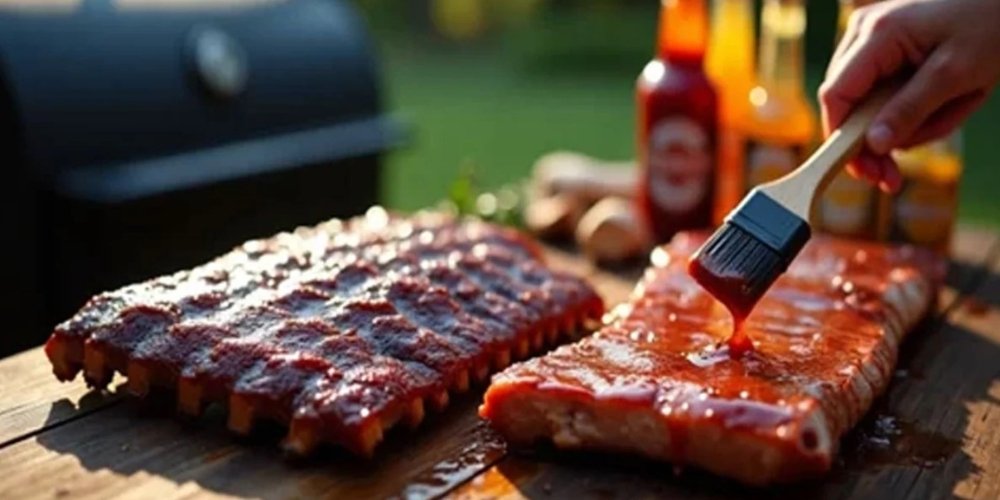 Close-up of BBQ ribs being basted with sauce on a wooden table