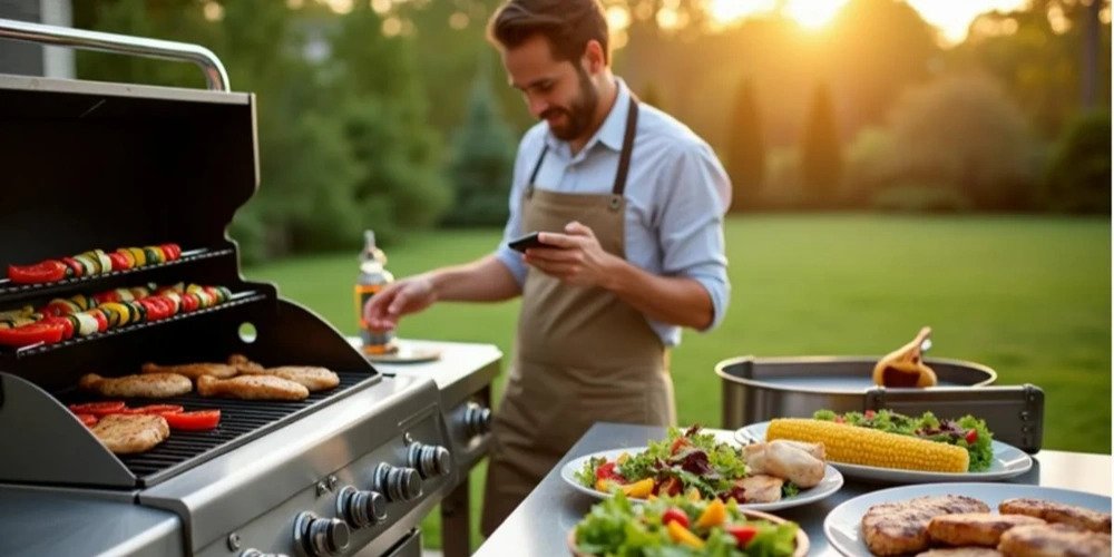 Man grilling chicken and vegetable skewers on a stainless steel barbecue