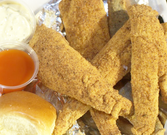 Five pieces of fish, lightly battered and fried to golden perfection.